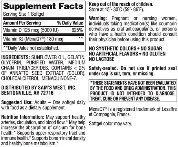 Vitamin K2 + D3 125 mcg (5000 IU) Softgels 150 ct.