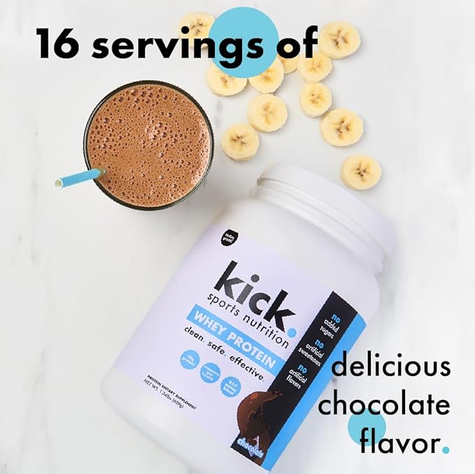 Kick Whey Protein Powder Chocolate Flavor 25 G Protein Gluten Free Workout Supplement with Amino Acids to Support Fitness Goals &amp Gut Health No Added Sugar No Artificial Flavor 16 Servings