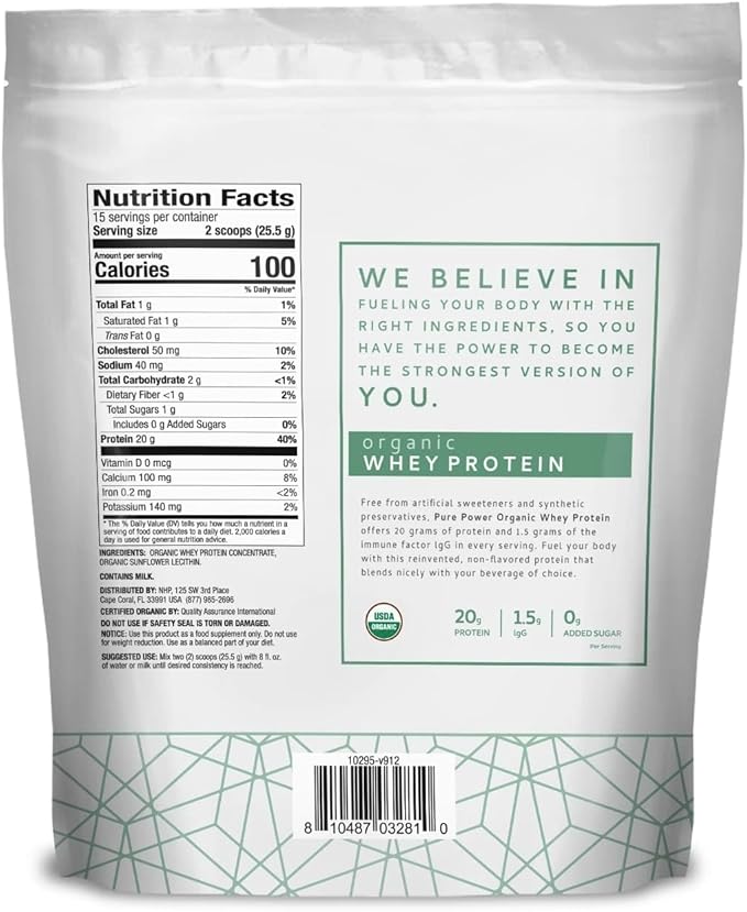 Dr. Mercola Pure Power Organic Whey Protein - 20 g Protein - Supports Muscle Growth &amp Energy - Grass-Fed Whey Concentrate - 15 Servings (20.60 oz) - Original
