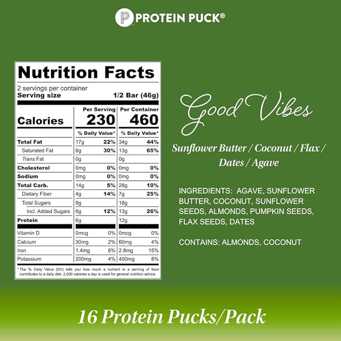 Protein Puck Plant Based Bars | Snacks with Vegan Protein | 16 Count | 3.25 oz Full Size | Gluten Free Non Dairy Kosher Certified Non GMO Premium Healthy Bars | Good Vibes