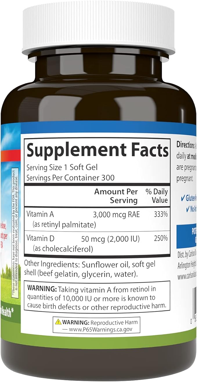 Carlson - A &amp D 10000 IU (3000 mcg RAE) Vitamin A 2000 IU (50 mcg) Vitamin D Vision Support Skin Health 300 Softgels