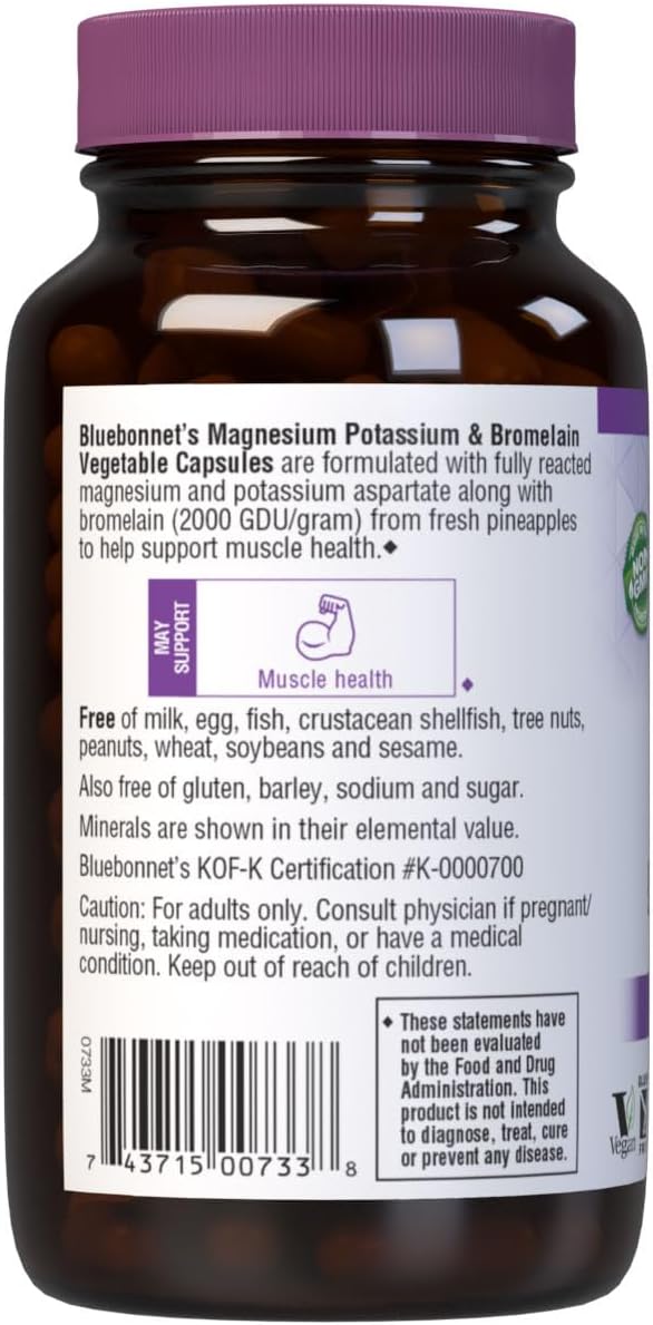 Bluebonnet Magnesium Potassium Supplement Plus Bromelain for Muscle Health Support - Daily Magnesium Complex for Women &amp Men - Non-GMO Vegan Gluten-Free - 120 Vegetarian Capsules (60 Servings)