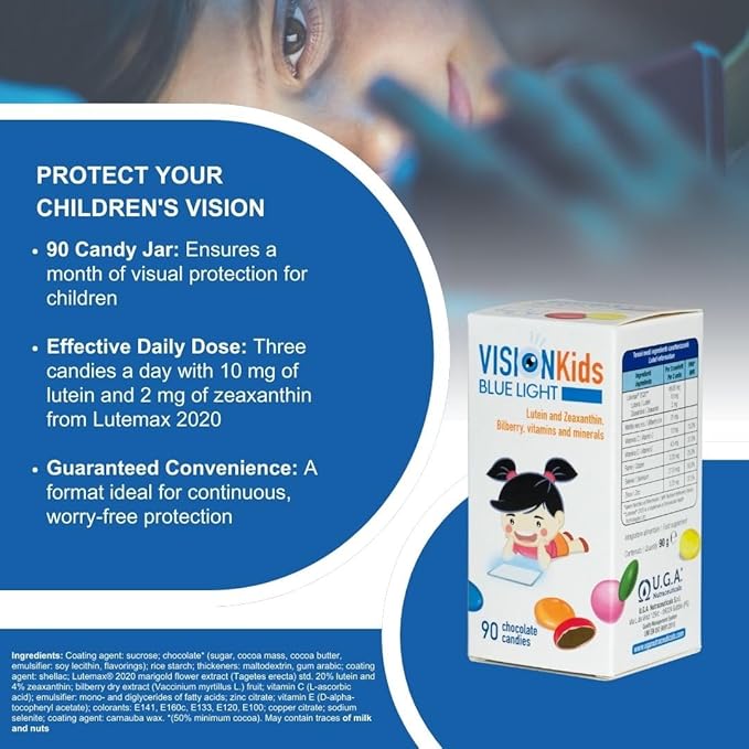 OMEGOR Lutein and Zeaxanthin Supplement for Kids Eyes (60 Chocolate Dragèes) - Vision Kids Blue Light Eyesight Supplement for Retina Protection