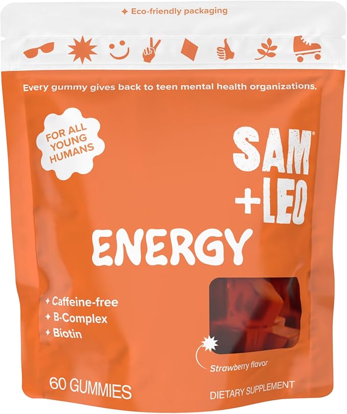 SAM+LEO Vitamin B Complex Gummies with Biotin for Kids &amp Teens - Caffeine-Free Focus &amp Energy Support Supplement Gummies | Vegan &amp Gluten Free Supplement - Strawberry Flavor (60 Count)