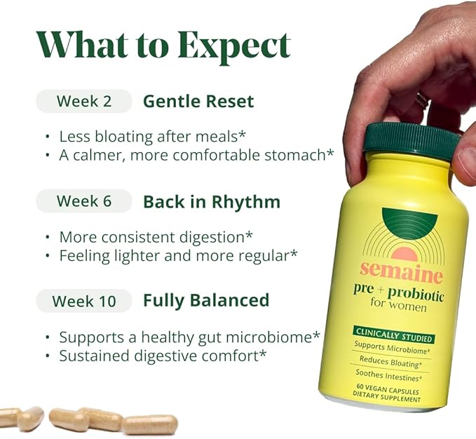 Semaine Super Powered Prebiotic + Probiotic for Women Effective 3-in-1 Multi-Action Formula to Nourish Gut Health Soothe IBS Support Bloat Relief &amp Immunity Boost Clinically-Studied (60 ct)