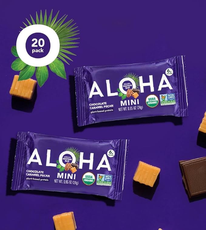 ALOHA Organic Plant Based Protein Bar MINIS | Caramel Chocolate Pecan | GLP-1 Friendly 20 Count 24g Bars | Vegan Low Sugar Gluten Free Low Carb Non-GMO No Stevia No Soy No Sugar Alcohols