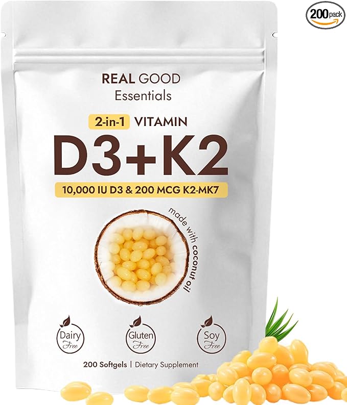 Real Good Essentials Vitamin D3 K2 10000 IU 200 Virgin Coconut Oil Softgels 2 in 1 Vitamins Supplement D &amp K (Include MK7) Easy to Swallow Supports Calcium Absorption Bone Health (1pc)