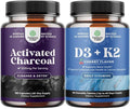 Bundle of Activated Charcoal Pills Detox &amp Cleanse - Purifying Coconut Capsules with 1200 mg Per Serving for Bloating Relief and Vitamin D3 with K2 MK7 Supplement for Immune Support and Bone Healt