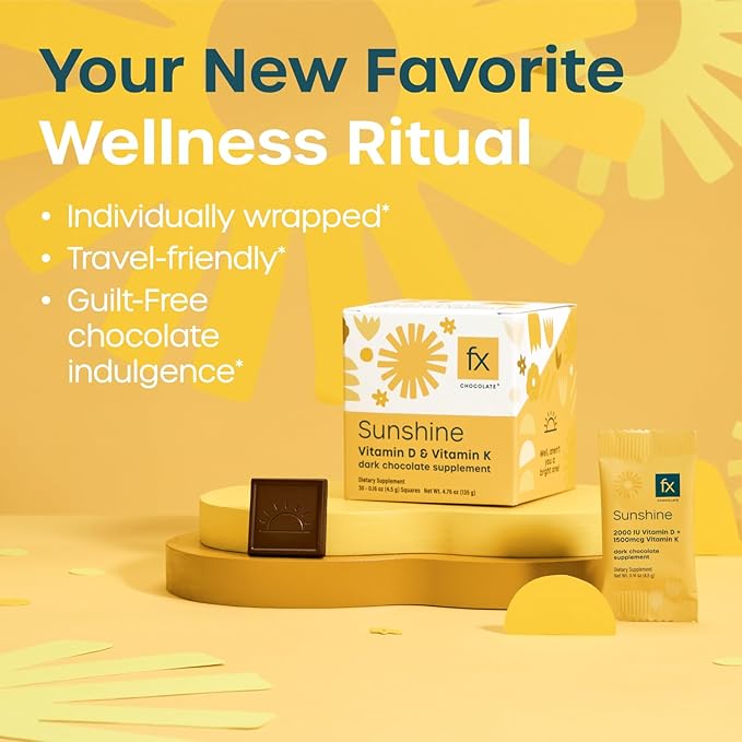 Fx Chocolate Sunshine - Vitamin D Sugar Free Chocolate for Mood Immune &amp Bone Support - 2000 IU D3 with Vitamin K Keto (Box of 15)
