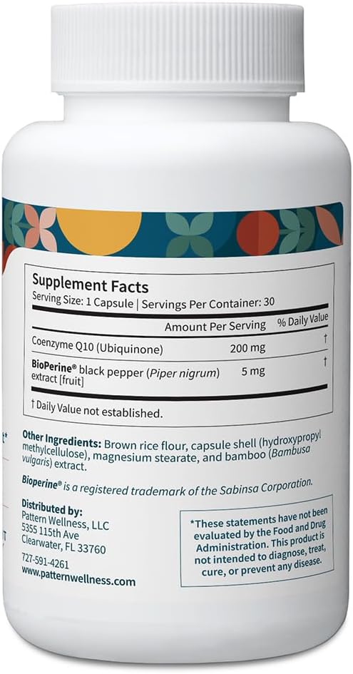 Pattern Wellness CoQ10 – 200mg Ubiquinone with BioPerine® Black Pepper Extract – Cellular Energy &amp Vitality Support – Non-GMO – 90 Vegan Capsules*