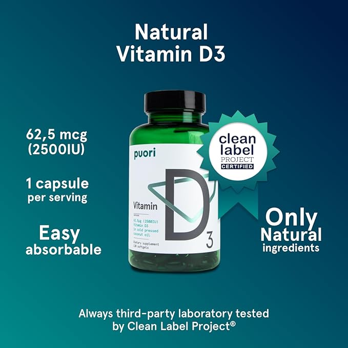 Puori Vitamin D3 Softgels 2500 IU (62.5 mcg) - Fast Absorbing Vitamin D3 Supplements for Immune System Support Bone Health &amp Density and Healthy Muscle Functions - Non-GMO &amp Gluten-Free - 24
