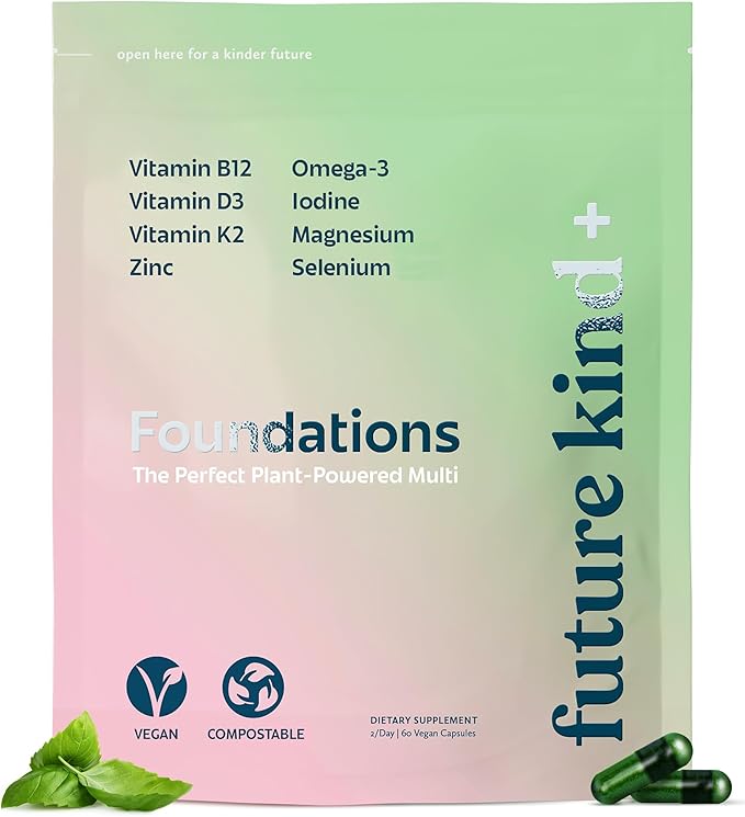 Future Kind Carrageenan-Free Foundations Multivitamin for Women &amp Men with Omega-3 B12 D3 Zinc Iodine Magnesium K2 &amp Selenium Vegan Compostable Bag (60ct)