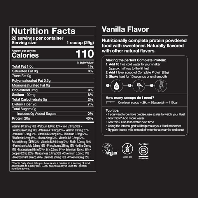 Huel Vegan Protein Powder | Vanilla | Complete Nutrition | 20g Protein Powder | 100% Plant-Based | 27 Vitamins &amp Minerals Gluten Free Non-GMO Lactose Free | 26 Servings