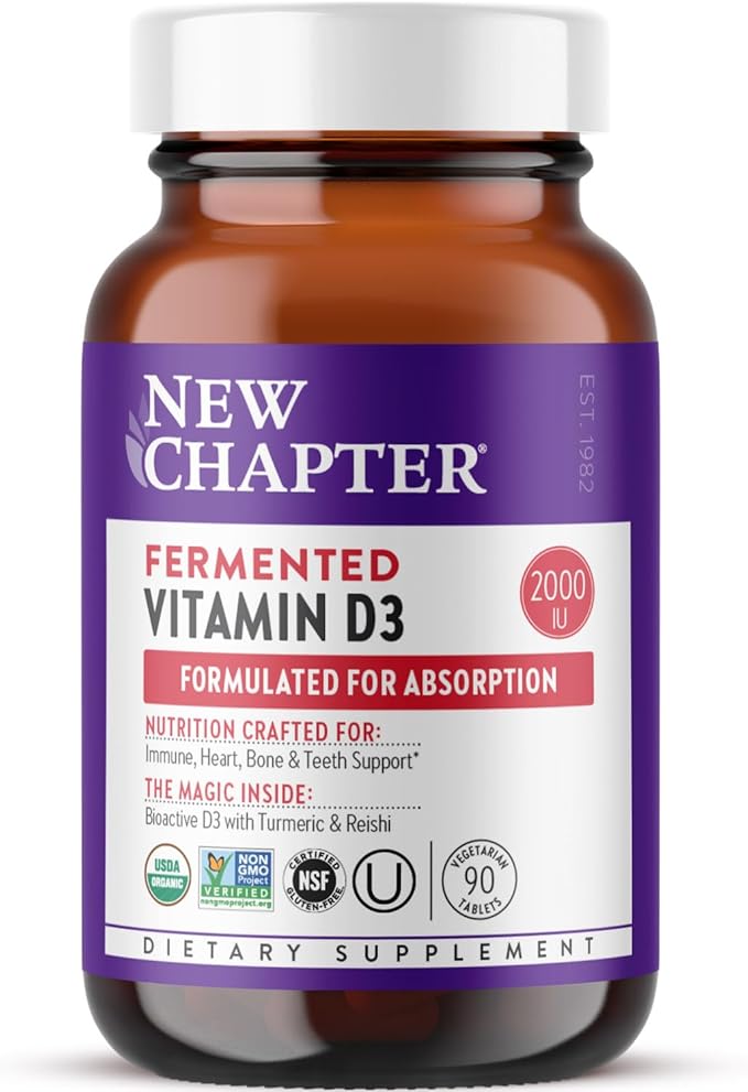 New Chapter Fermented Vitamin D3 2000 IU Organic ONE Daily for Immune Heart &amp Bone Support + Whole-Food Turmeric Adaptogenic Reishi Mushroom 100% Vegetarian Gluten Free 90 Count
