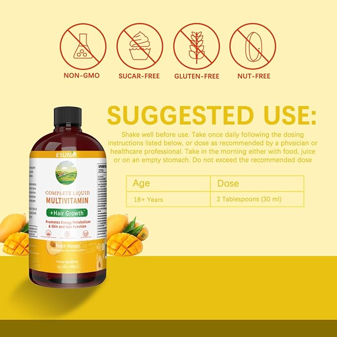 Complete Liquid Multivitamin + Hair Growth Promotes Energy Metabolism&amp Skin and Hair Function| Vitamin C D | B Vitamins | Help to Thicker Hair Wrinkles Fine Lines Skin Care (16.23 Fl Oz)