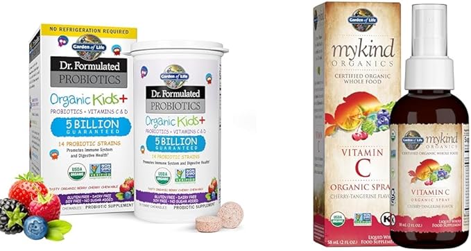 Garden of Life Dr. Formulated Probiotics Organic Kids+ Plus Vitamin C &amp D Immune &amp Digestive Health Berry Cherry Chewables Bundle with mykind Organics Vitamin C Spray