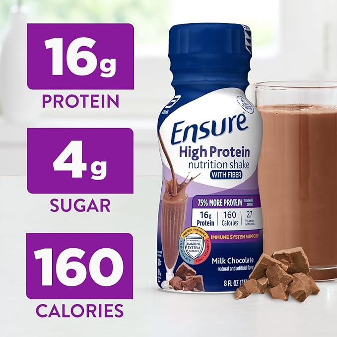 Ensure High Protein Bottled Milk Chocolate Nutrition Shake with Fiber Ready to Drink 16g Protein and 27 Vitamins and Minerals 8 fl oz 24 Pack