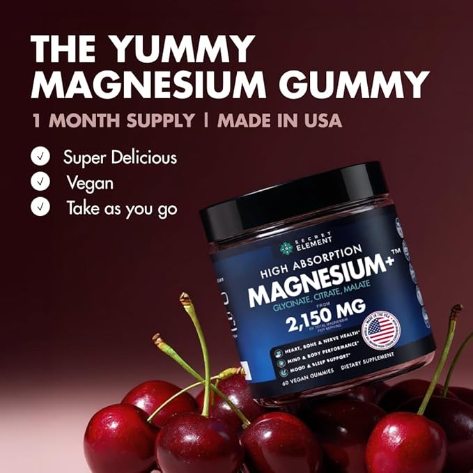 Magnesium Glycinate 2150 MG Gummies High Absorption Magnesium Glycinate Citrate &amp Malate Sugar-Free Vegan Chews for Men &amp Women 60 Gummies Cherry Flavor Pack of 2