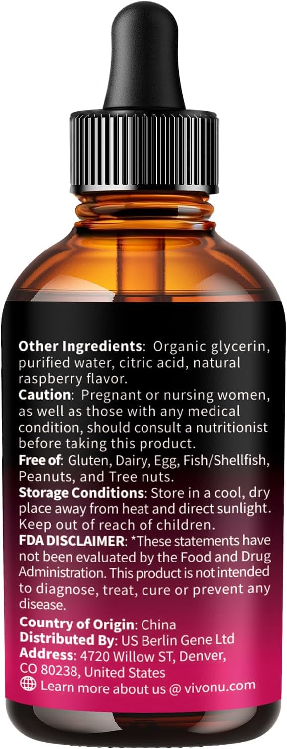 VivoNu Vitamin B Complex Liquid Drops Vitamins B12 B6 B1 B2 B3 B5Methyl Folate with Vitamin C A E D Support Energy Raspberry Flavor Natural Ingredient Non GMO
