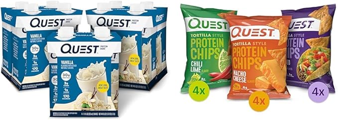 Quest Protein Shake Vanilla 11 Fl Oz 4 Count Pack of 3 and Protein Chips Chili Lime Nacho Cheese Loaded Taco Variety Pack