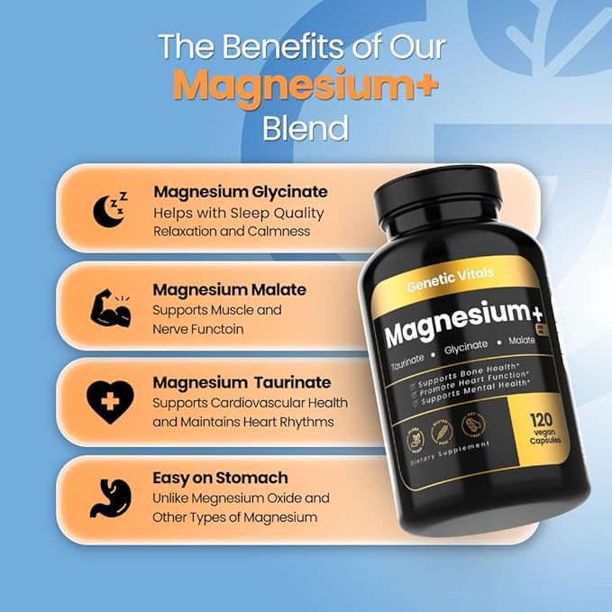 Triple Magnesium Complex 300mg - High Absorption Magnesium Glycinate Taurate &amp Malate - Gluten-Free &amp Vegan - 120 Capsules