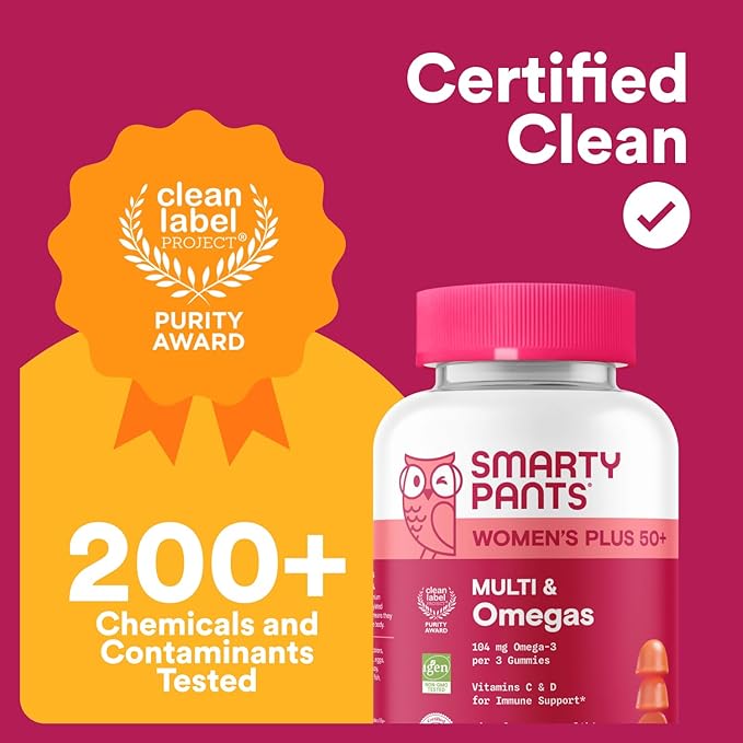 SmartyPants Multivitamin Gummy for Women 50 and Over Omega 3 (DHA/EPA) Methylfolate CoQ10 Vitamin D3 C Vitamin B12 B6 A K Biotin Gluten Free 90 Count (30 Day Supply)