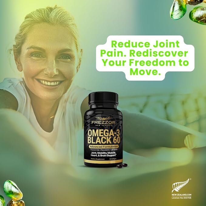 FREZZOR Omega 3 Black Green Lipped Mussel Oil 53x Higher Potency for Superior Joint Comfort &amp Mobility No Fishy Aftertaste 1 Bottle 60 Softgels Plus 1 Bottle of Super Greens