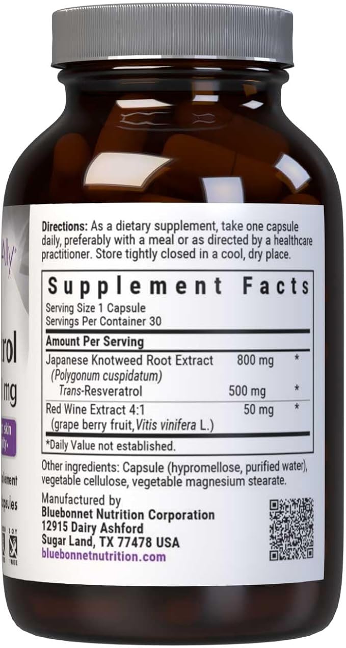Bluebonnet Nutrition Beautiful Ally Resveratrol 500mg Protect Skin Integrity* Non-GMO Vegan Gluten-Free Soy-Free Dairy-Free 30 Vegetable Capsules 30 Servings