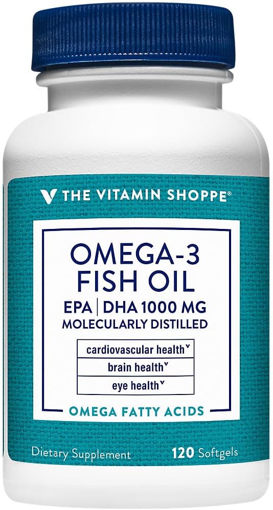 The Vitamin Shoppe Omega 3 Fish Oil 1000MG EPA DHA - Heart Health Brain Function &amp Joint Support Molecularly Distilled (120 Softgels)