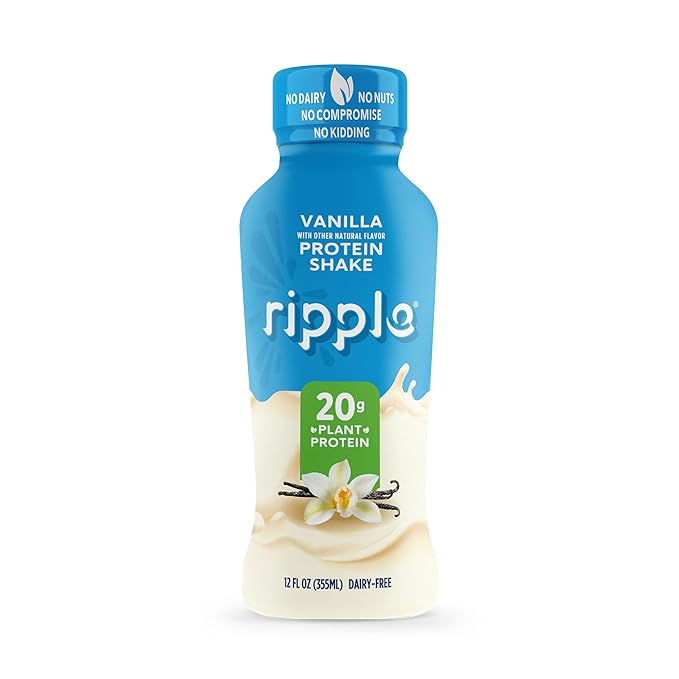 Ripple Vanilla Plant Based Protein Shake | 20g of Quality Sourced Pea Protein Calcium &amp Iron Rich | Shelf Stable | Vegan &amp Non GMO | Dairy Soy Nut &amp Gluten Free | 12 Fl Oz Bottles (Pac