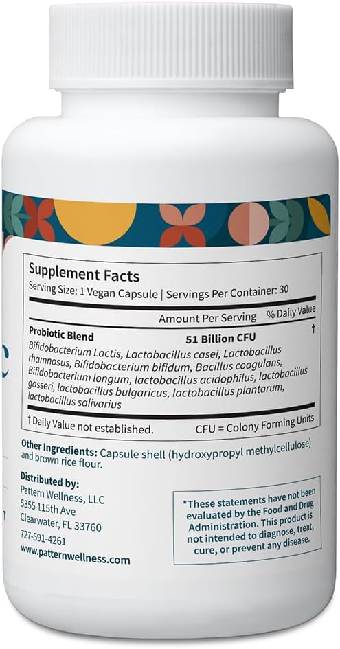 Pattern Wellness Probiotic Supplement - 51 Billion CFU - Supports Digestive Balance &amp Gut Wellness - Mindfully Sourced Non-GMO - 60 Vegan Capsules