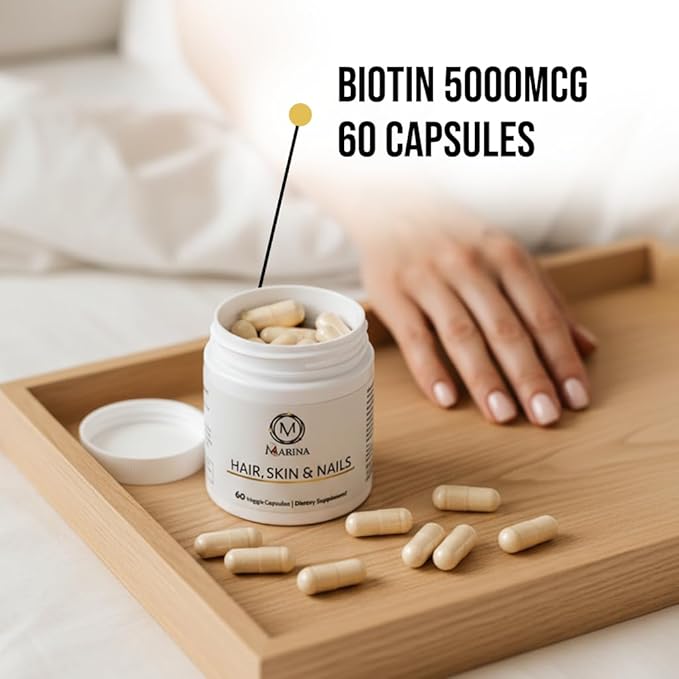 Marina - Ultra Advanced Beauty Supplement - Biotin 5000mcg &amp Collagen Supplement for Healthy Hair Strong Nails &amp Youthful Skin Support Made in USA - Women &amp Men | 60 Capsules