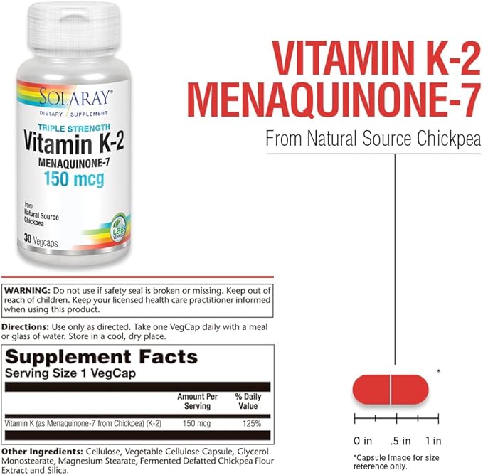 Solaray Triple Strength Vitamin K-2 as MK-7 150 mcg - Vitamin K2 MK7 Supplement for Bone Health Support Pure Vit K2 as Menaquinone for Women and Men - 30 Vegan Capsules