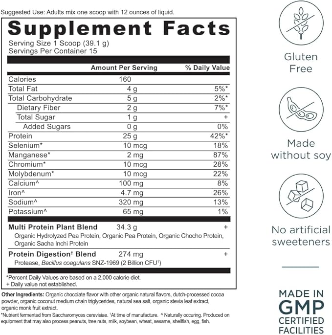 Ancient Nutrition Organic Multi Protein Plant Based Powder 25g Protein Hydrolyzed Pea Protein Digestive Enzymes &amp Probiotics Supports Muscle &amp Gut Health Chocolate 15 Servings