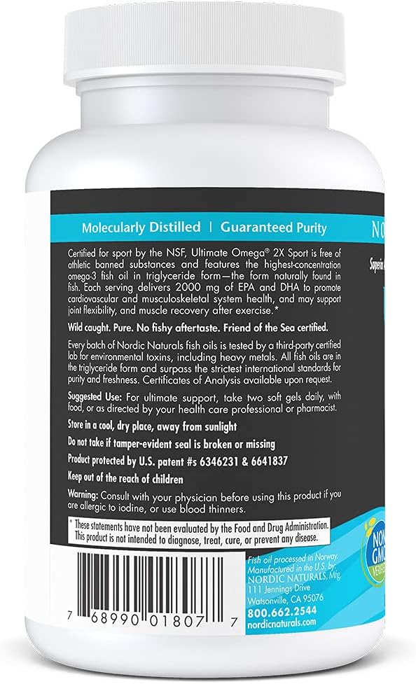 Nordic Naturals Ultimate Omega Sport 2X Lemon Flavor - 60 Soft Gels - 2150 mg Omega-3 - NSF Certified Fish Oil with EPA &amp DHA - Heart &amp Muscle Health Recovery - Non-GMO - 30 Servings