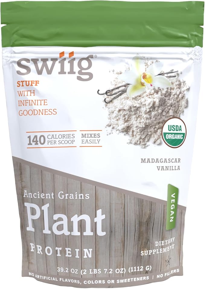swiig Organic Ancient Grains Plant Protein Powder Vanilla Flavor 2.7 lb Vegan Gluten-Free Dairy-Free Lactose-Free