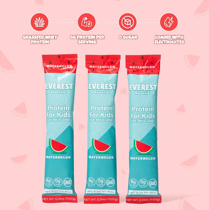 Everest Essential Kid's Clear Whey Protein Powder (Watermelon 10 Packets) Protein Drink Mix for Kids Electrolytes for Kids 8g Protein Per Serving Non GMO Zero Added Sugar