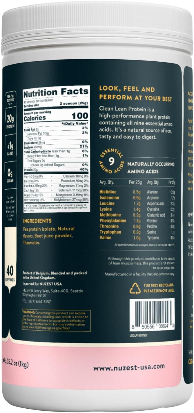 Nuzest Vegan Pea Protein Powder - Clean Lean Protein 40 Servings 20g Protein Strawberry Protein Shake Mix + Sports Shaker Bottle 24oz