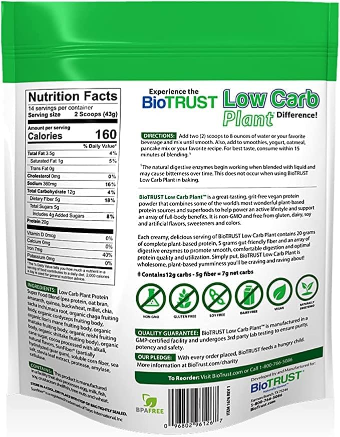BioTrust Low Carb Plant Delicious Creamy 20 Grams of Clean Complete Plant-Based Protein 5 Grams Fiber 15 Superfoods Digestive Enzymes Vegan Dairy-Free - 14 Servings (Chocolate)