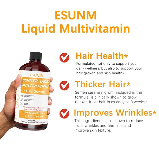 Hair Growth Liquid Multivitamin | Biotin for Hair Growth Supplement | Clinically Tested in Women for Thicker Hair &amp Facial Wrinkle | Skin Care | Ages 18+ | 8.11 Fl Oz