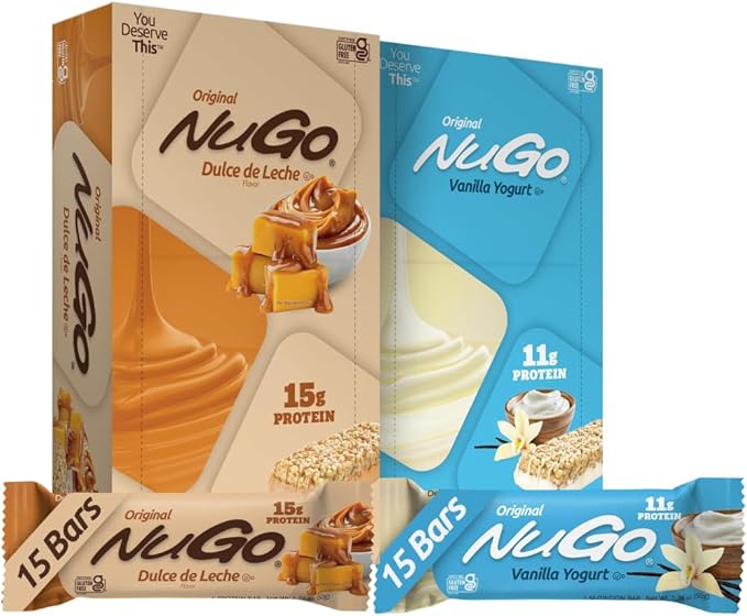 NuGo Protein Bar NEW! Dulce De Leche 15 bars &amp Vanilla 15 bars 11-15g Protein Gluten Free 30 Count
