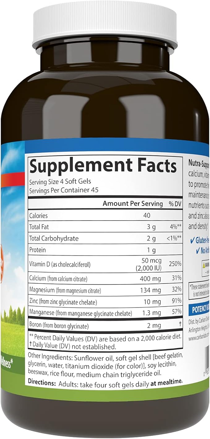 Carlson - Nutra-Support Bone Calcium Magnesium &amp Vitamin D3 Bone Health Calcium Absorption &amp Optimal Wellness 180 Softgels