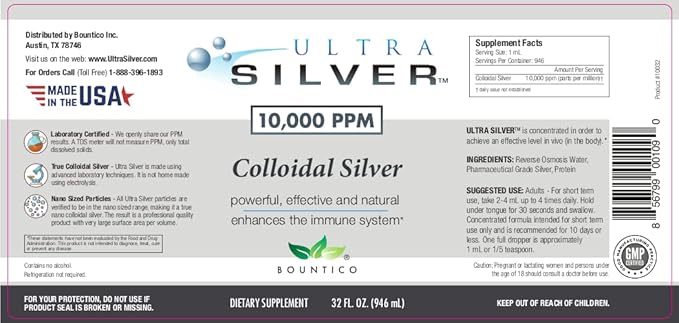 Ultra Silver® Colloidal Silver | 10000 PPM 32 Oz (946mL) | Mineral Supplement | True Colloidal Silver - 4 oz Dropper Bottle (Empty) Included for Dispensing!