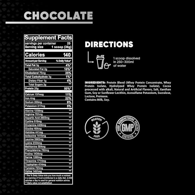 Premium 100% Whey Protein Powder Build muscl Gluten Free 25 g Protein Delicious Chocolate Flavor 2Lbs - 25 Servings.