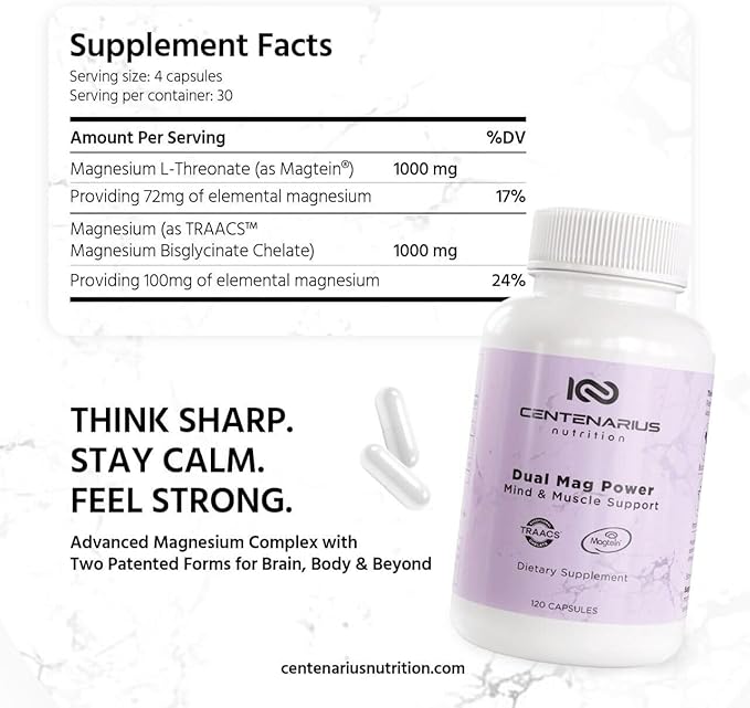 Centenarius Nutrition Dual Mag Power – Advanced Magnesium Complex with Magtein &amp TRAACS for Focus Sleep Muscle Recovery &amp Energy Balance