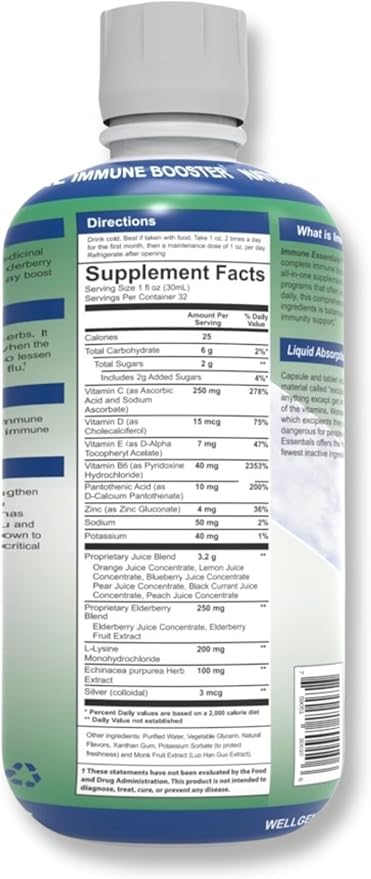 Wellgenix Immune Essentials Liquid Dietary Supplement – Elderberry Echinacea Zinc &amp Vitamin C – Fruit Flavor – 32 fl oz