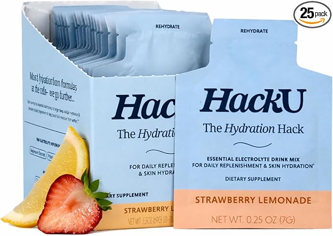 HackU Sugar-Free Electrolyte Packets for Body and Skin Hydration Support | Strawberry Lemonade | 25ct | Drink Mix