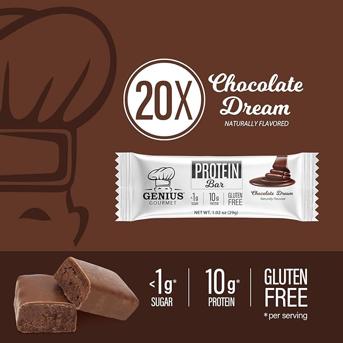 Genius Gourmet Protein Bar Chocolate Dream Keto Snack Low Carb Low Sugar &amp Gluten Free Protein Snacks for Adults 10G of Whey Protein per Protein Bar 5 Net Carbs 20 Count