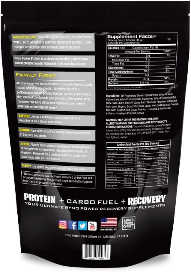 Ryno Power All Natural Whey Protein 2lb (20 Servings) 'Chocolate' - 100% Whey Protein Blend &amp No Fillers - Non GMO