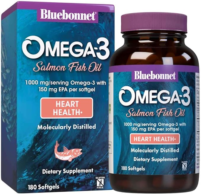 BlueBonnet Omega 3 1000mg Salmon Oil EPA DHA Essential Fatty Acids - Heart Health Supplement for Women &amp Men - Molecularly Distilled Triglyceride Form Omega-3 Wild Salmon Fish Oil - 180 Softgels